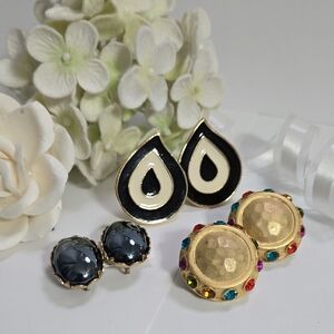 Vintage 80s Bold Statement & Colorful Clip On Earrings Set Of 3